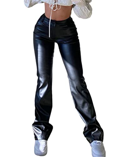 shownicer Damen Lederhose Baggy Stretch PU Leder Schwarz Hose Kunstlederhose Vintage Y2K Hoher Taille Straight Freizeithose Teenager Mädchen 90er E-Girl Streetwear mit Weitem Bein X3 Schwarz S von shownicer