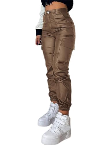 shownicer Damen Lederhose PU Leder Look Skinny Leggings High Waist Stretch Schlank Hose Kunstlederhose Treggins Push Up Pants Jeanshose A Braun M von shownicer