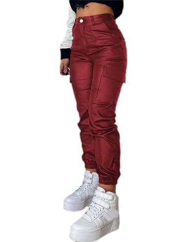 shownicer Damen Lederhose PU Leder Look Skinny Leggings High Waist Stretch Schlank Hose Kunstlederhose Treggins Push Up Pants Jeanshose A Rot S von shownicer