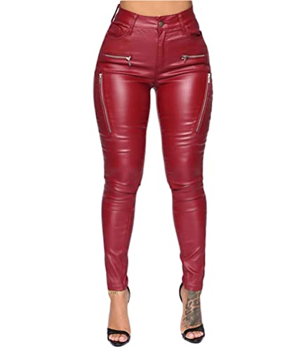 shownicer Damen Lederhose Skinny Legging Stretch PU Leder Look Optik Schwarz Schlank Hose Sexy Kunstlederhose Treggins Push Up Biker Pants Y4 Rot XS von shownicer