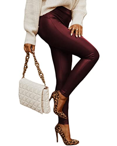 shownicer Damen Leggings Lederoptik Hose Stretch PU Lederhose Slim Skinny Kunstleder Leggins Strumpfhose Hohe Taille Bleistifthose Freizeithose Treggings Weinrot M von shownicer