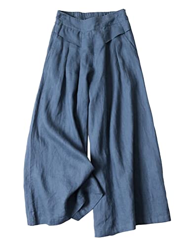 shownicer Damen Leichte Culotte Hose Sommer Hosenrock Ladies Weites Bein Hose Wide Leg Pants High Waisted mit Elastischem Bund A Blau 3XL von shownicer