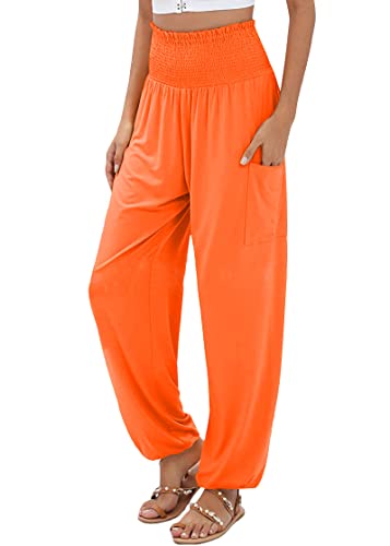 shownicer Damen Leichte Weite Hose Boho Sommerhose Hohe Taille Bequem Stoffhose Casual Einfarbig Freizeithose Hosen mit Taschen A Orange XL von shownicer