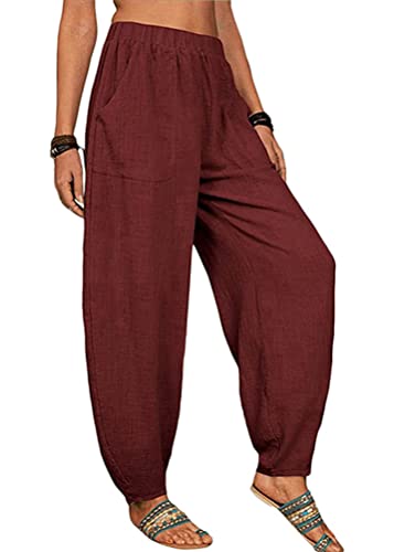 shownicer Damen Leinen Weite Hose Casual Leichte Elastischer Bund Haremshosen Einfarbig Weite LeinenHosen Mit Taschen A Rot XL von shownicer