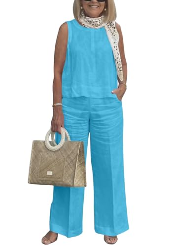 shownicer Damen Leinen Zweiteiler Outfit Sommer Tank Top und Hose 2 Teiler Anzug Set Casual Einfarbig Hosenanzug Freizeitanzug Rundhals Leinenanzug A Hellblau XL von shownicer