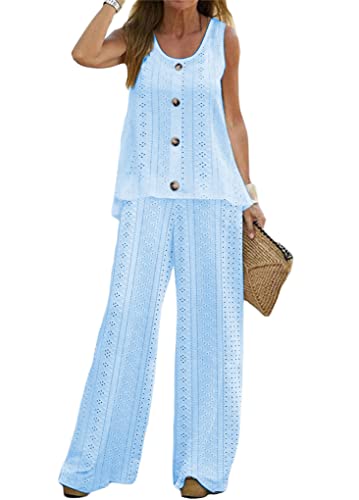 shownicer Damen Leinen Zweiteiler Sommer Leinen Änzuge Hose und Langarmshirts Frauen 2 Teiler Anzug Casual Hosenanzug Lockere Leinenhose D Blau L von shownicer