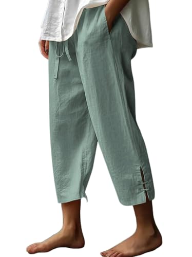 shownicer Damen Leinenhose Sommer 3/4 Leicht und Luftig Locker Hohe Taille Caprihose Elastisch Einfarbig Strandhose Stoffhose Kurze Hosen Freizeithose mit Kordelzug A Hellgrün L von shownicer