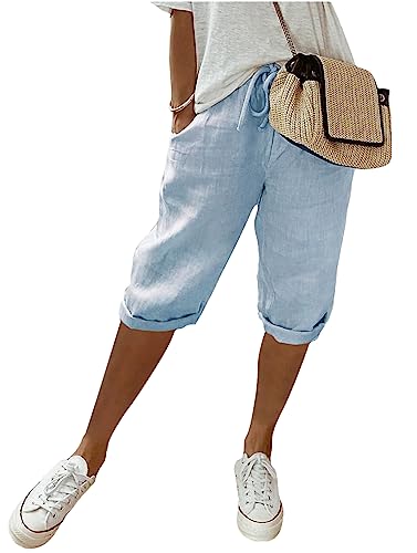 shownicer Damen Leinenhose Sommer Knielang Kurze Hosen Leicht und Luftig Locker Hohe Taille Caprihose Elastisch Einfarbig Strandhose Stoffhose Casual Pants mit Kordelzug A Blau L shownicer Damen Leinenhose Sommer Knielang Kurze Hosen Leicht und Luftig Locker Hohe Taille Caprihose Elastisch Einfarbig Strandhose Stoffhose Casual Pants mit Kordelzug A Blau L von shownicer