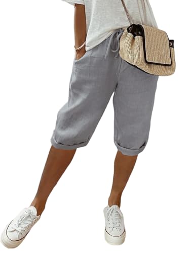 shownicer Damen Leinenhose Sommer Knielang Kurze Hosen Leicht und Luftig Locker Hohe Taille Caprihose Elastisch Einfarbig Strandhose Stoffhose Casual Pants mit Kordelzug A Hellgrau 3XL von shownicer