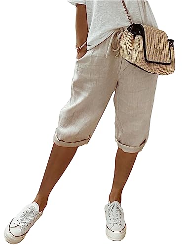 shownicer Damen Leinenhose Sommer Knielang Kurze Hosen Leicht und Luftig Locker Hohe Taille Caprihose Elastisch Einfarbig Strandhose Stoffhose Casual Pants mit Kordelzug A Khaki M shownicer Damen Leinenhose Sommer Knielang Kurze Hosen Leicht und Luftig Locker Hohe Taille Caprihose Elastisch Einfarbig Strandhose Stoffhose Casual Pants mit Kordelzug A Khaki M von shownicer