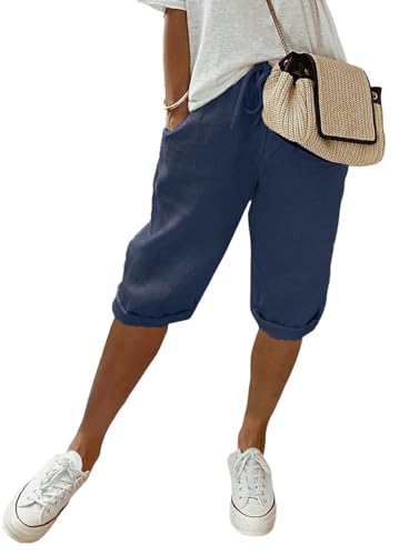 shownicer Damen Leinenhose Sommer Knielang Kurze Hosen Leicht und Luftig Locker Hohe Taille Caprihose Elastisch Einfarbig Strandhose Stoffhose Casual Pants mit Kordelzug A Marine XL shownicer Damen Leinenhose Sommer Knielang Kurze Hosen Leicht und Luftig Locker Hohe Taille Caprihose Elastisch Einfarbig Strandhose Stoffhose Casual Pants mit Kordelzug A Marine XL von shownicer