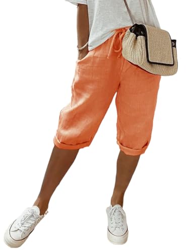 shownicer Damen Leinenhose Sommer Knielang Kurze Hosen Leicht und Luftig Locker Hohe Taille Caprihose Elastisch Einfarbig Strandhose Stoffhose Casual Pants mit Kordelzug A Orange XL von shownicer