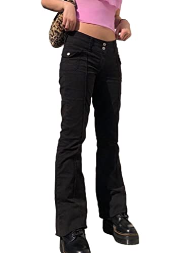 shownicer Damen Low Waist Cargo Jeans Gerade Breites Bein Baggy Flare Denim Hose Y2k Indie Aesthetic Vintage Jeanshosen 90er Streetwear F Schwarz XL von shownicer