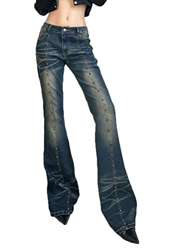 shownicer Damen Low Waist Cargo Jeans Gerade Breites Bein Baggy Flare Denim Hose Y2k Indie Aesthetic Vintage Jeanshosen 90er Streetwear H Blau XS von shownicer