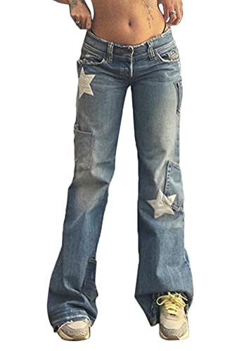 shownicer Damen Low Waist Cargo Jeans Gerade Breites Bein Baggy Flare Denim Hose Y2k Indie Aesthetic Vintage Jeanshosen 90er Streetwear N Blau M von shownicer