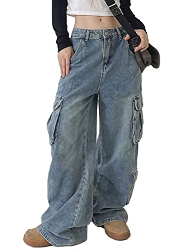 shownicer Damen Low Waist Cargo Jeans Gerade Breites Bein Baggy Flare Denim Hose Y2k Indie Aesthetic Vintage Jeanshosen 90er Streetwear P Blau L von shownicer