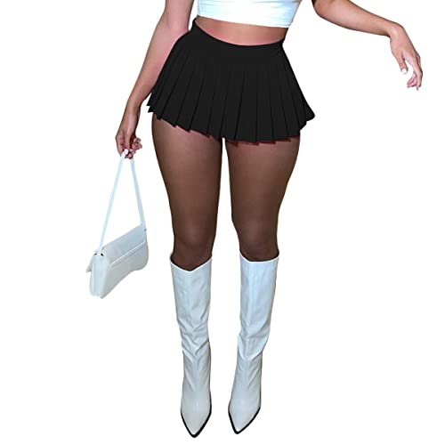 shownicer Damen Mädchen Faltenrock Kurze Hohe Taille Gefaltete Schulmädchen Solide Skater Tennis Schule Basic Mini Rock Vintage Minirock A Schwarz XS von shownicer
