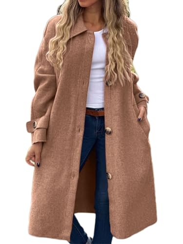 shownicer Damen Mantel Elegant Lang Wollmantel Einfarbig Einreihig Trenchcoat Lang Warm Winterjacke Damenmantel mit Taschen A Braun M von shownicer