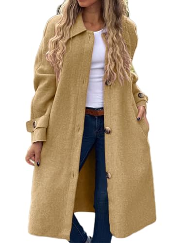 shownicer Damen Mantel Elegant Lang Wollmantel Einfarbig Einreihig Trenchcoat Lang Warm Winterjacke Damenmantel mit Taschen A Gelb XXL von shownicer