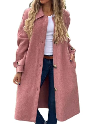 shownicer Damen Mantel Elegant Lang Wollmantel Einfarbig Einreihig Trenchcoat Lang Warm Winterjacke Damenmantel mit Taschen A Rosa 3XL von shownicer