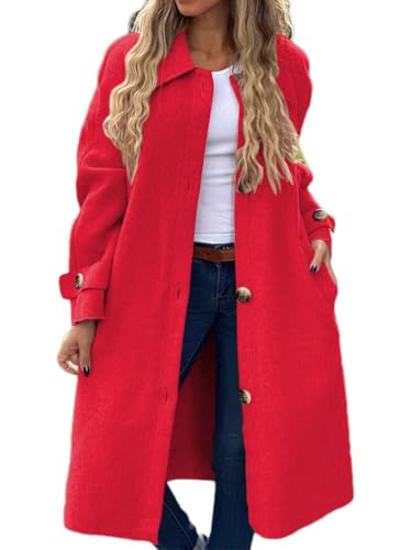 shownicer Damen Mantel Elegant Lang Wollmantel Einfarbig Einreihig Trenchcoat Lang Warm Winterjacke Damenmantel mit Taschen A Rot XL von shownicer
