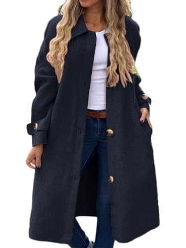 shownicer Damen Mantel Elegant Lang Wollmantel Einfarbig Einreihig Trenchcoat Lang Warm Winterjacke Damenmantel mit Taschen A Schwarz XL von shownicer