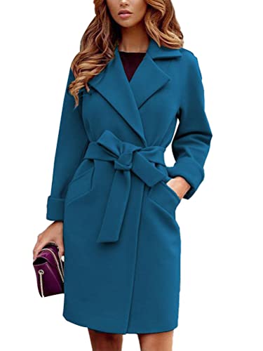 shownicer Damen Mantel Elegant Lang Wollmantel Langarm Umlegekragen Einfarbig Trenchcoat Warme Outwear Herbst Winter Jacke mit Gürtel A Blau01 L von shownicer