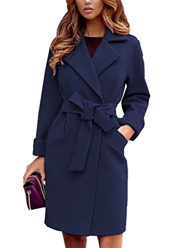 shownicer Damen Mantel Elegant Lang Wollmantel Mode Langarm Umlegekragen Einfarbig Trenchcoat Warme Outwear Herbst Winter Jacke mit Gürtel A Blau02 L von shownicer