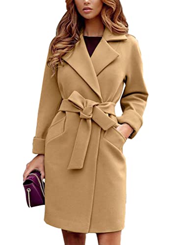 shownicer Damen Mantel Elegant Lang Wollmantel Mode Langarm Umlegekragen Einfarbig Trenchcoat Warme Outwear Herbst Winter Jacke mit Gürtel A Khaki M von shownicer