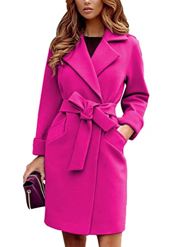 shownicer Damen Mantel Elegant Lang Wollmantel Mode Langarm Umlegekragen Einfarbig Trenchcoat Warme Outwear Herbst Winter Jacke mit Gürtel A Rosa S von shownicer