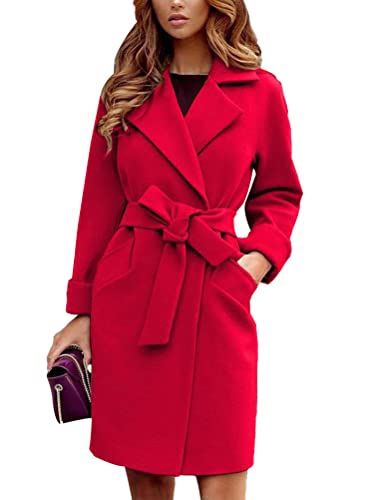 shownicer Damen Mantel Elegant Lang Wollmantel Mode Langarm Umlegekragen Einfarbig Trenchcoat Warme Outwear Herbst Winter Jacke mit Gürtel A Rot L von shownicer