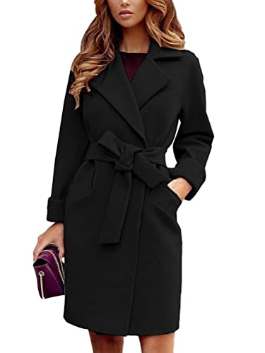 shownicer Damen Mantel Elegant Lang Wollmantel Mode Langarm Umlegekragen Einfarbig Trenchcoat Warme Outwear Herbst Winter Jacke mit Gürtel A Schwarz M von shownicer