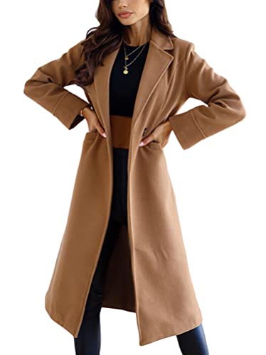 shownicer Damen Mantel Elegant Lang Wollmantel Mode Langarm Umlegekragen Einfarbig Trenchcoat Warme Outwear Herbst Winter Jacke mit Gürtel B Khaki XXL von shownicer