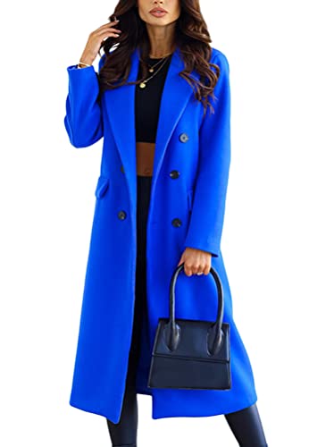 shownicer Damen Mantel Elegant Lang Wollmantel Mode Langarm Umlegekragen Einfarbig Trenchcoat Warme Outwear Herbst Winter Jacke mit Gürtel D Blau M von shownicer