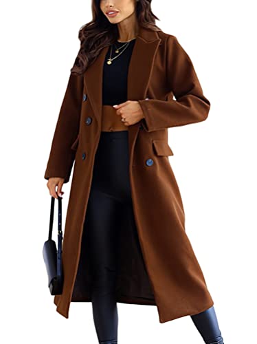 shownicer Damen Mantel Elegant Lang Wollmantel Mode Langarm Umlegekragen Einfarbig Trenchcoat Warme Outwear Herbst Winter Jacke mit Gürtel D Braun L von shownicer