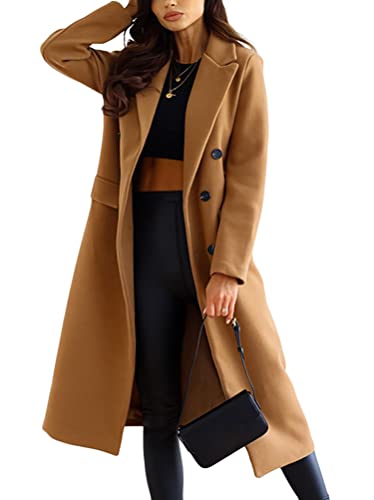 shownicer Damen Mantel Elegant Lang Wollmantel Mode Langarm Umlegekragen Einfarbig Trenchcoat Warme Outwear Herbst Winter Jacke mit Gürtel D Khaki L von shownicer