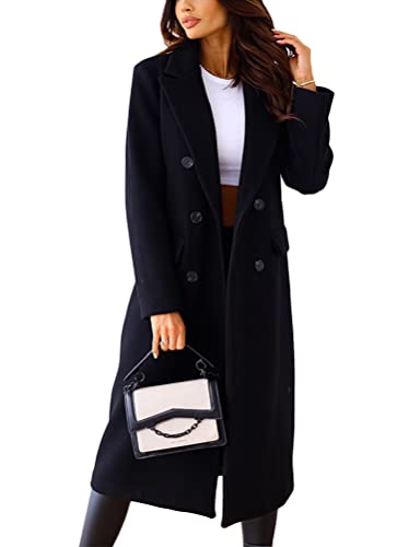 shownicer Damen Mantel Elegant Lang Wollmantel Mode Langarm Umlegekragen Einfarbig Trenchcoat Warme Outwear Herbst Winter Jacke mit Gürtel D Schwarz L von shownicer