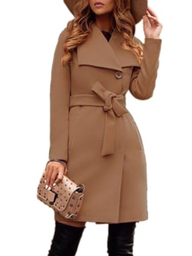 shownicer Damen Mantel Elegant Lang Wollmantel Mode Langarm Umlegekragen Einfarbig Trenchcoat Warme Outwear Herbst Winter Jacke mit Gürtel E Khaki M von shownicer