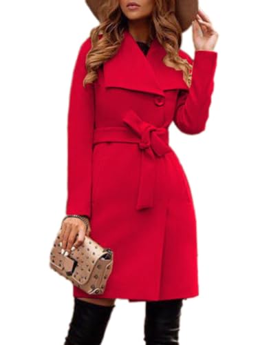 shownicer Damen Mantel Elegant Lang Wollmantel Mode Langarm Umlegekragen Einfarbig Trenchcoat Warme Outwear Herbst Winter Jacke mit Gürtel E Rot M von shownicer