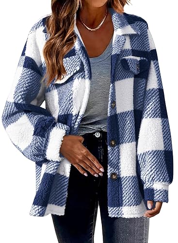 shownicer Damen Mantel Flanell Lässiges Revers Kariert Jacke Warme Mittellange Wollmantel Einreihiger Kaschmirmantel Wintermantel Herbst Winter A Blau XL von shownicer