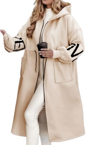 shownicer Damen Mantel Herbst Winter Lang Warm Mantel Elegant Einfarbige Patchwork-Jacke mit Gestrickten Ärmeln Lange Jacke Outwear A Aprikose XS von shownicer
