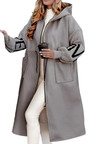 shownicer Damen Mantel Herbst Winter Lang Warm Mantel Elegant Einfarbige Patchwork-Jacke mit Gestrickten Ärmeln Lange Jacke Outwear A Grau XL von shownicer