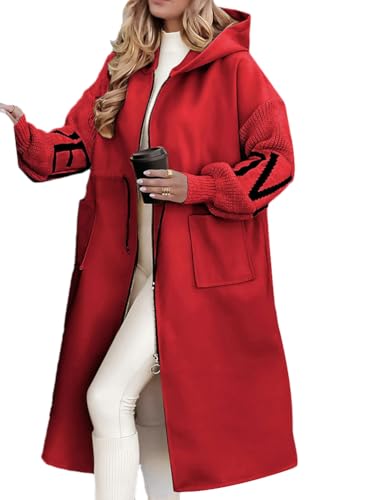 shownicer Damen Mantel Herbst Winter Lang Warm Mantel Elegant Einfarbige Patchwork-Jacke mit Gestrickten Ärmeln Lange Jacke Outwear A Rot XL von shownicer