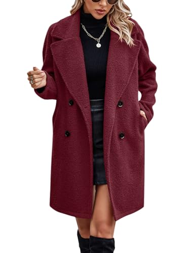 shownicer Damen Mantel Lang Wollmantel Mode Elegant Langarm Umlegekragen Einfarbig Plüschjacke Trenchcoat Warme Outwear Herbst Winter Fleece Jacke A Weinrot XS von shownicer
