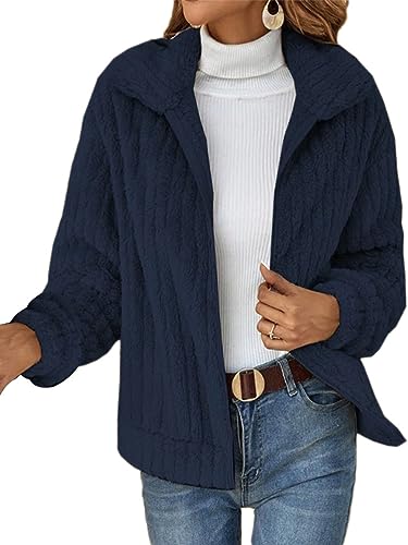 shownicer Damen Mantel Plüschjacke Warm Cardigan Wintermantel Lässige Einfarbig Double-Faced Fleece Winterjacke Reißverschluss Jacken Mantel B Dunkelblau L von shownicer