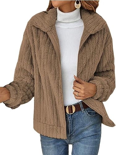 shownicer Damen Mantel Plüschjacke Warm Cardigan Wintermantel Lässige Einfarbig Double-Faced Fleece Winterjacke Reißverschluss Jacken Mantel B Khaki L von shownicer