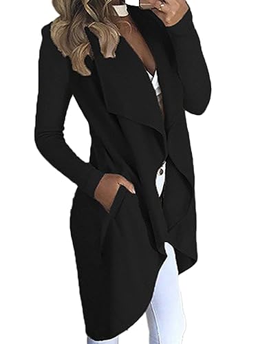 shownicer Damen Mantel Trenchcoat Lang Elegante Jacke Revers Coat Outwear Offen Langärmelig Übergangs Dufflecoat mit Taschen A Schwarz 3XL von shownicer