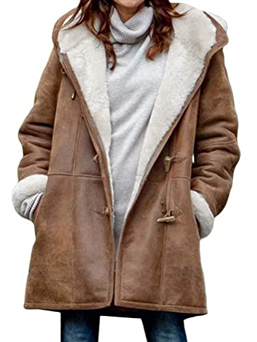 shownicer Damen Mantel Trenchcoat Wintermantel Winter Warm Dicker Outwear Parka Jacke Wollmantel mit Kapuze Taschen Vintage Oversize Coats Übergangs Lang Braun 3XL von shownicer