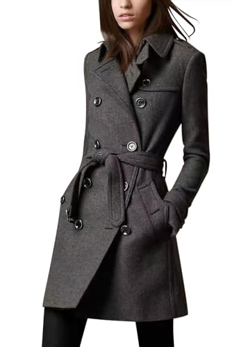 shownicer Damen Mantel Wintercoat Revers Zweireihiger Mantel Knielang Trenchcoat Winter Lang A-Linie Jacke Outwear B Dunkelgrau XL von shownicer