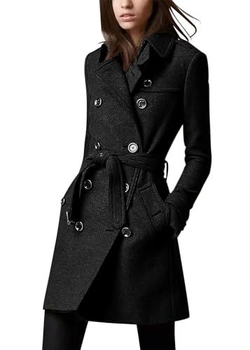 shownicer Damen Mantel Wintercoat Revers Zweireihiger Mantel Knielang Trenchcoat Winter Lang A-Linie Jacke Outwear B Schwarz S von shownicer